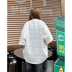 条纹短袖t恤男女夏季2024新款冰丝痞帅潮牌7七分袖潮流衣服图片
