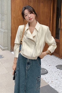 休闲短外套女2025春秋新款百搭气质显瘦韩版斜拉链夹克上衣米白色图片