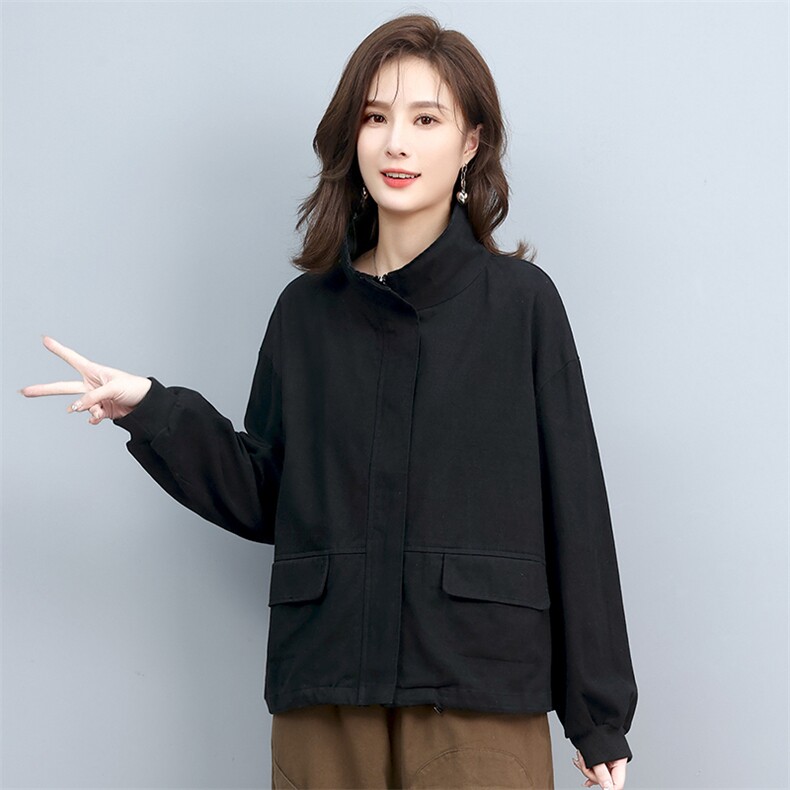 2022年春季百搭通勤宽松长袖立领拉链印花抽绳外套,女装短外套,叶笙衣