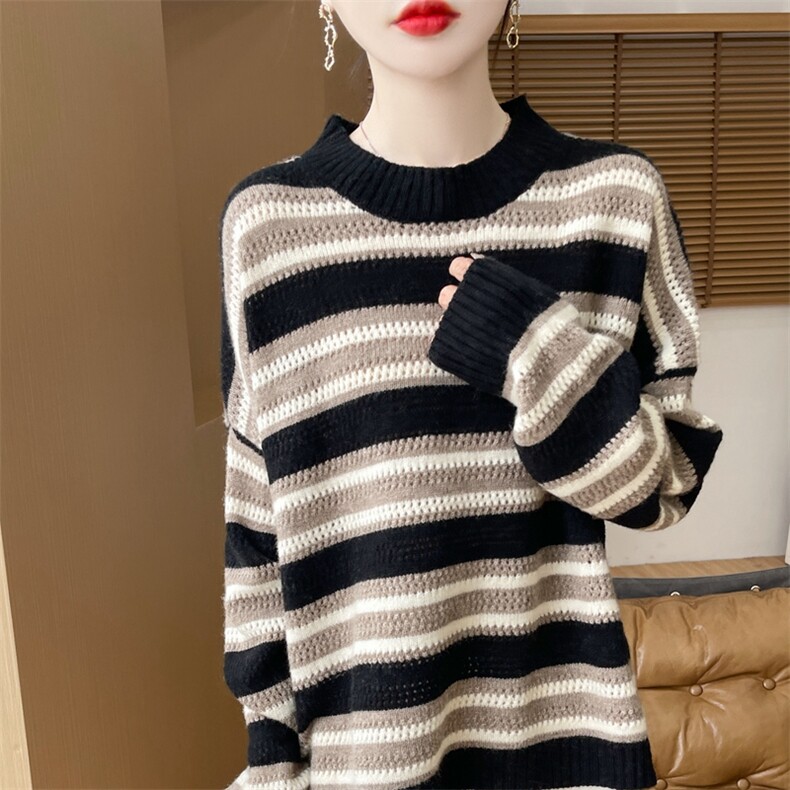 2025秋冬新款圆领长袖条纹针织衫，女装羊毛衫，浙麦羊绒