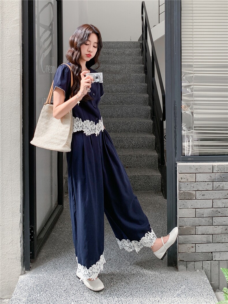 蕾丝拼接套装女夏韩里韩气漂亮设计上衣阔腿裤两件套,女装套装/套裙,浙宝290（原306）