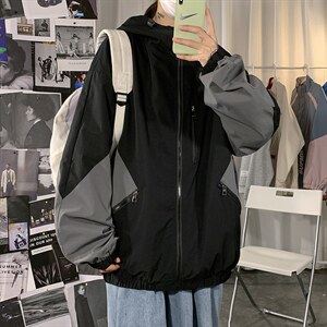 2021春季新港风海报大码男撞色拼接连帽夹克ins潮流外套J6071-P70图片