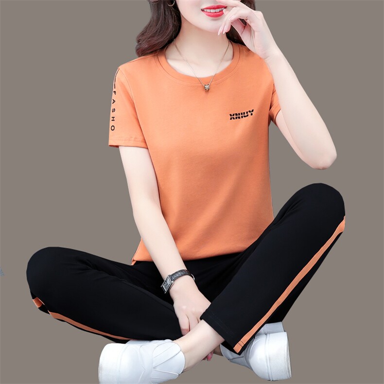 燕颉纯棉运动服套装女夏季薄款2023新款时尚休闲洋气妈妈两件套，女装运动套装，燕颉服饰