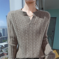 秋冬季新款舒适时尚百搭加厚V领貂绒衫，女装针织衫/毛衣，冬贝尔貂绒