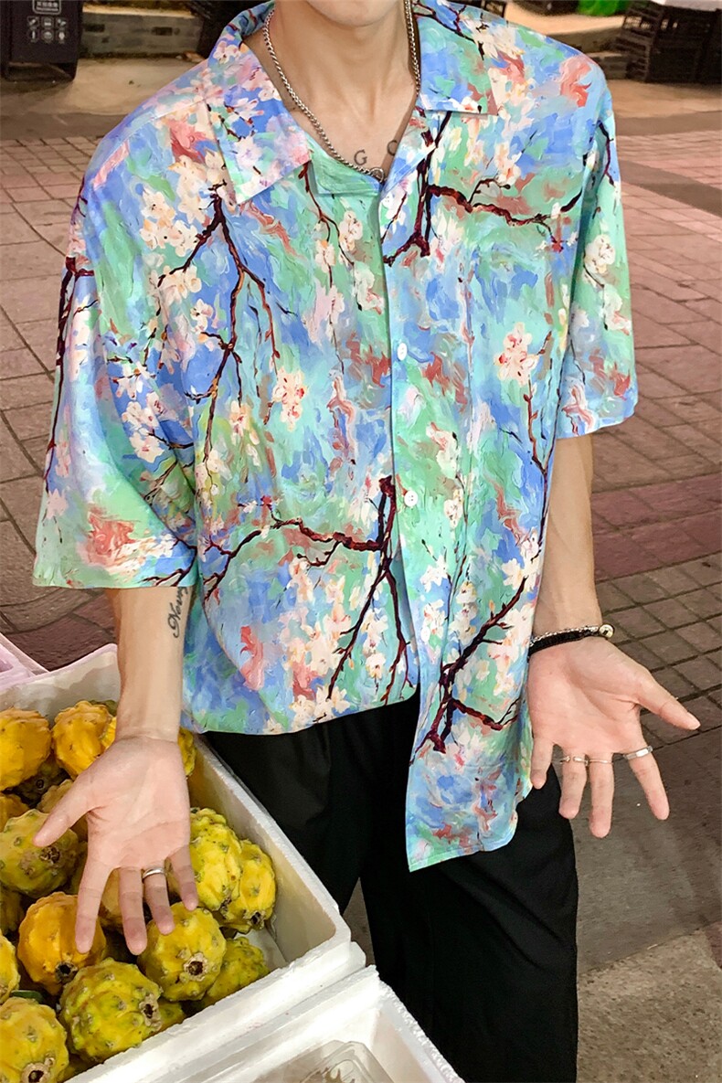X2433-TP35控价48冰丝花衬衣夏季新款港风复古宽松满印潮衬衫男,男装衬衫,电商A102-1