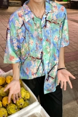 X2433-TP35控价48冰丝花衬衣夏季新款港风复古宽松满印潮衬衫男，男装衬衫，电商A102-1