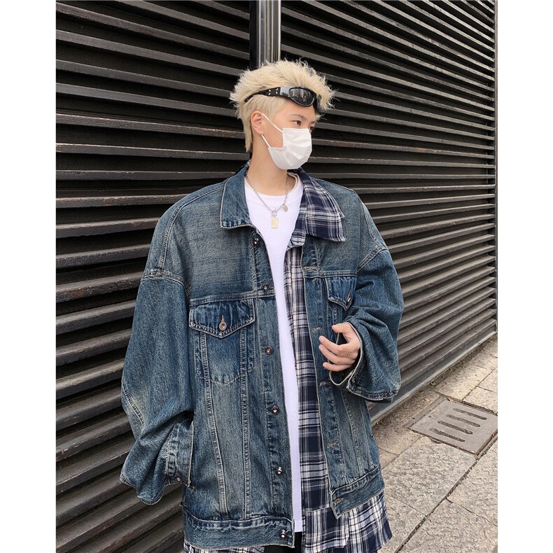 不规则格子拼接牛仔外套男秋季休闲宽松假两件工装外套8624P80，男装工装外套，星座410-2