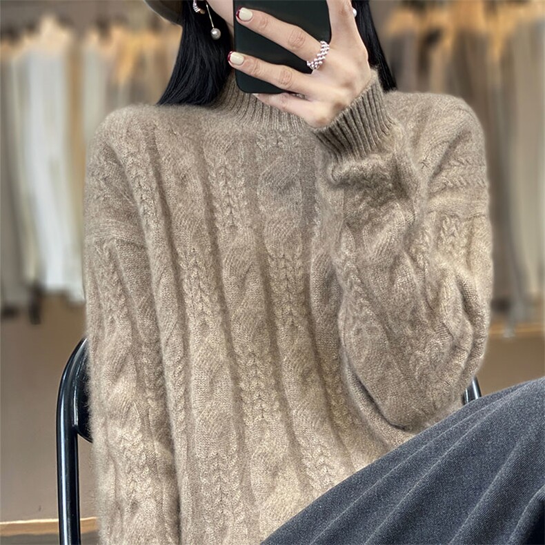 重磅加厚100%纯羊毛衫女半高领麻花毛衣宽松慵懒风羊绒针织打底衫,女装羊绒衫,琳华羊绒