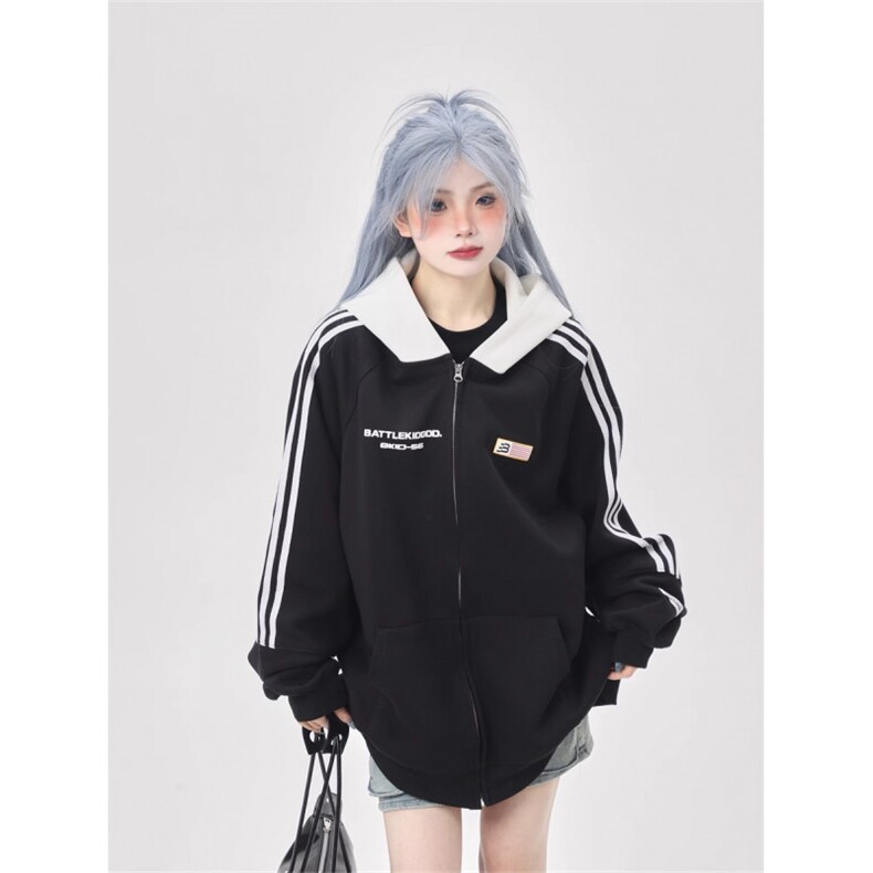 网络图现货潮牌复古拼接三条杠连帽卫衣男女拉链棒球服J8031-P45,女装职业装,星座715-7