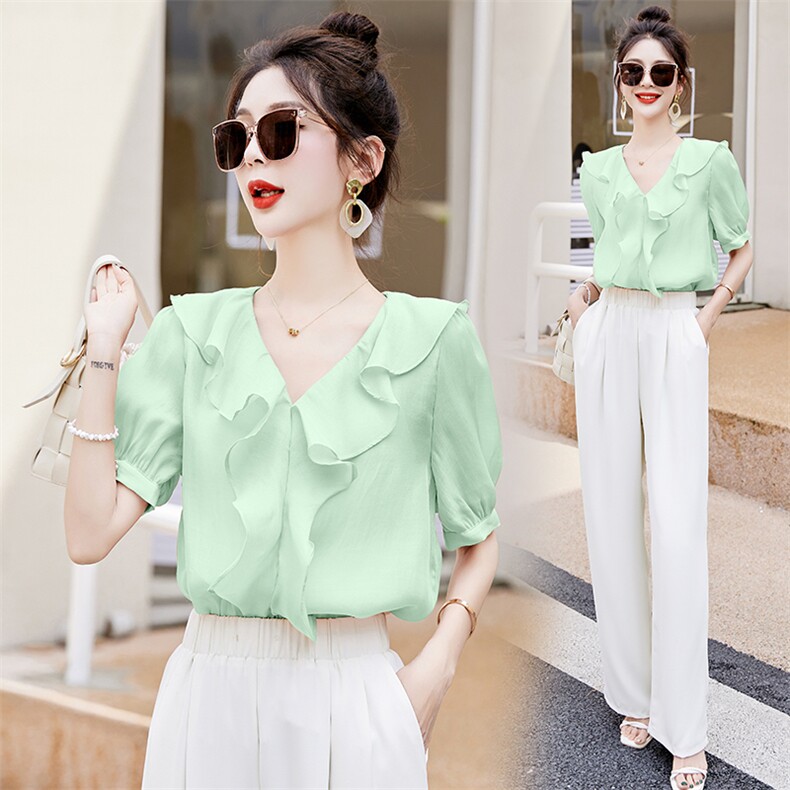 2023新款纯色荷叶边上衣女夏季温柔风V领短袖雪纺衫显瘦百搭气质衬衫，女装蕾丝衫/雪纺衫，艾仟回(原伊仟回)