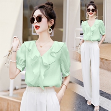 2023新款纯色荷叶边上衣女夏季温柔风V领短袖雪纺衫显瘦百搭气质衬衫，女装蕾丝衫/雪纺衫，艾仟回(原伊仟回)