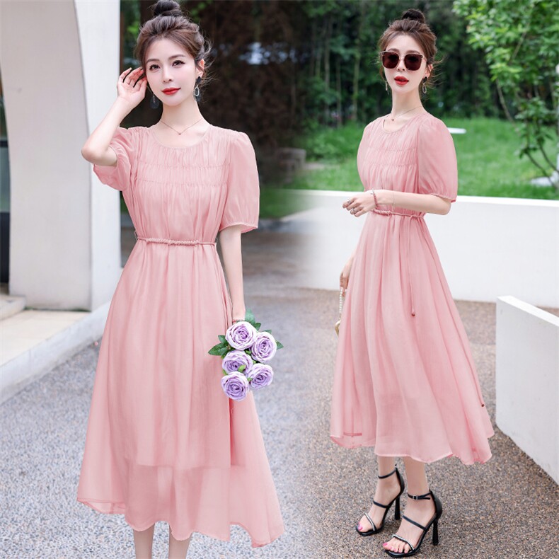 2023夏季泡泡袖连衣裙女新款高级腰绳重工设计感法式天丝连衣裙，女装连衣裙，韩蜜菓