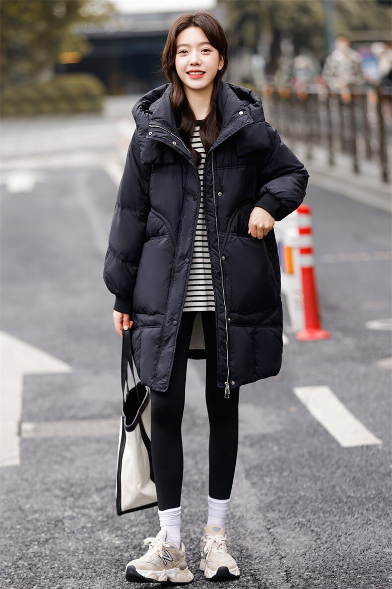 连帽中长款纯色羽绒服女冬季2023年新款休闲韩版大口袋设计感外套,女装羽绒服,辉之琳