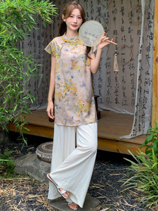 新中式g风套装女2026夏季流行复古印花盘扣旗袍上衣阔腿裤两件套图片
