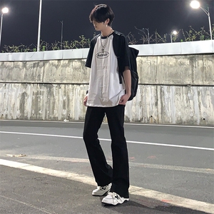 美式hiphop裤子高街vibe弹力黑色牛仔裤修身直筒微喇叭痞帅工装裤图片