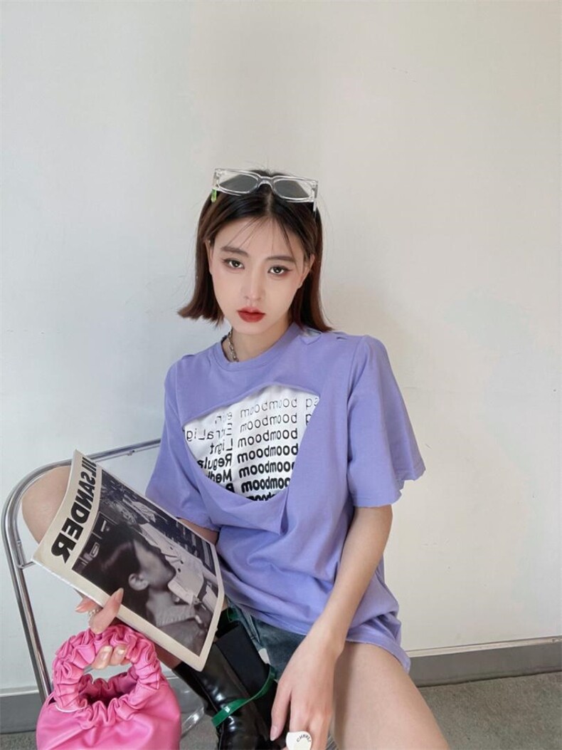 设计师款破洞字母T恤，女装T恤，YSQ Boomboom
