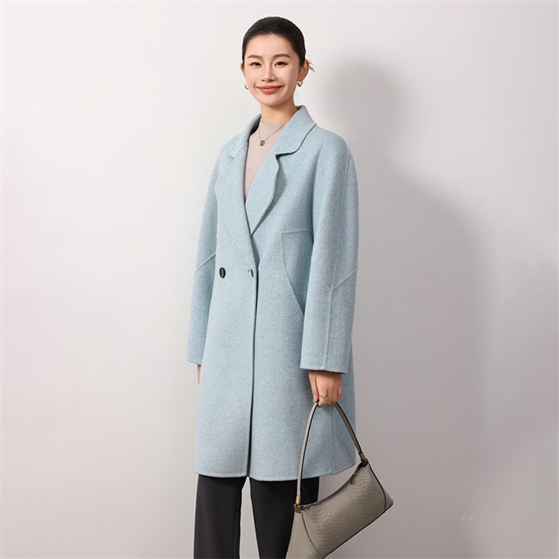 时尚百搭羊毛女士双面呢大衣秋冬必备显瘦气质外套,女装双面呢大衣,岳达羊绒