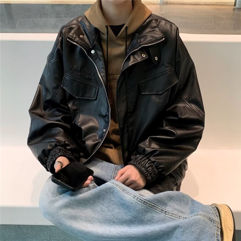 情侣装机车皮衣外套男2023新款春秋凯美拉PU皮双层刺绣夹克W6700,男装夹克,星座1116A-1（原606A）
