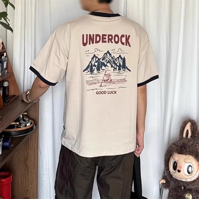 重磅圆领撞色T恤男女生夏季2025新款中性风时髦松弛感半袖上衣,男装T恤,星座506A