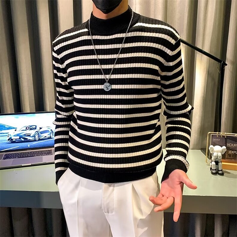 条纹毛衣男士秋冬季半高领打底针织衫修身韩版长袖毛线衣百搭,男装针织衫/毛衣,星座1013
