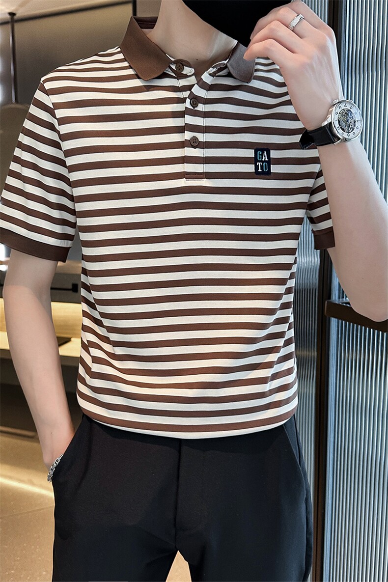 经典款高级感轻奢夏季短袖T恤翻领条纹Polo衫半袖T0253-P58,男装T恤,电商D342