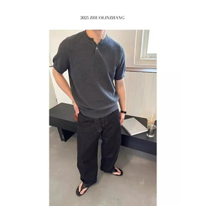 亨利领针织短袖polo衫男生夏季美式老钱风t恤轻熟风收袖口三分袖图片
