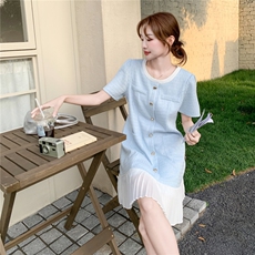 蓝色小香风连衣裙女夏新款设计感小个子百褶拼接名媛气质显瘦裙子，女装连衣裙，2C115
