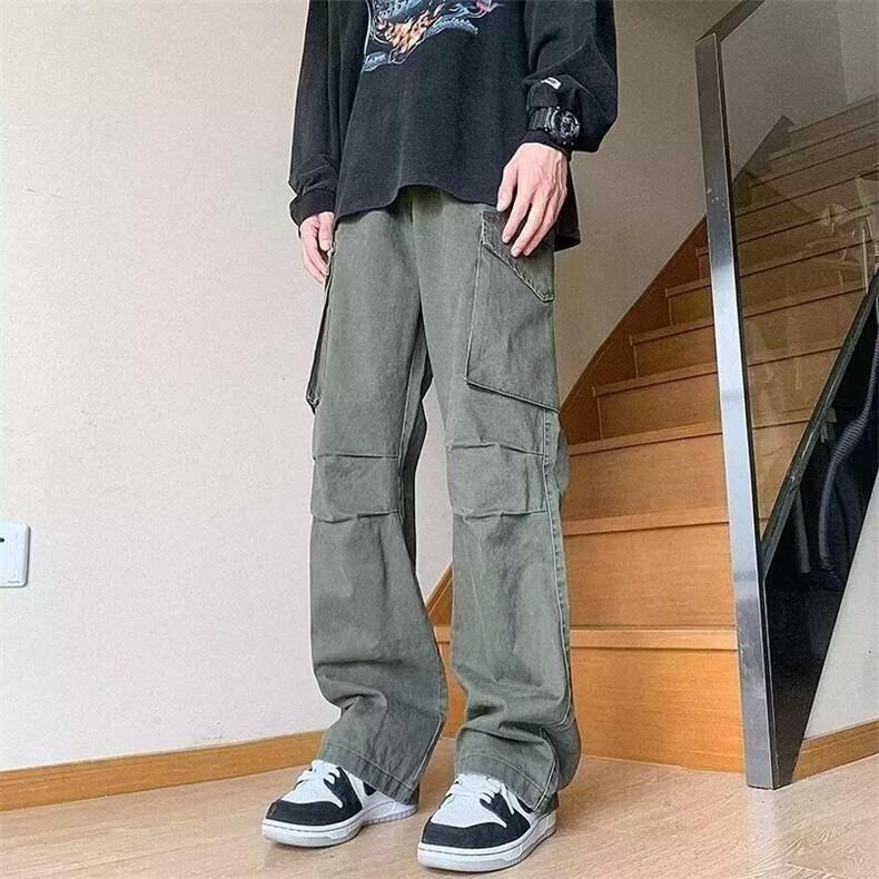 春秋美式复古多口袋工装裤男宽松直筒日系复古做旧百搭长裤潮,男装工装外套,星座506A