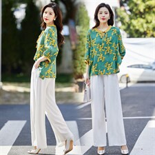 夏季新款简约气质圆领时尚图案印花复古盘扣装饰棉麻两件套，女装套装/套裙，贵人树