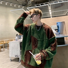 秋款男毛衣圆领套头针织衫鹿毛绒扎染拼色流苏外套M224P55，男装针织衫/毛衣，星座1013-1