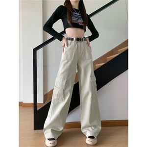 美式工装牛仔裤女2024新款高腰宽松宽松垂感显瘦直筒阔腿裤,怎样里外搭配显瘦图片