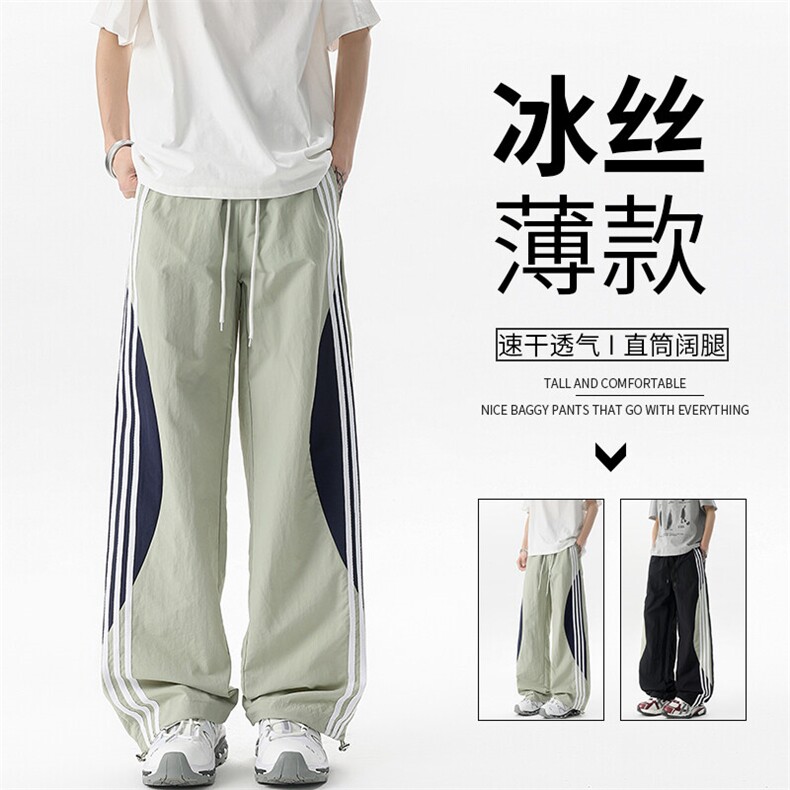 悟空有货潮牌夏季撞色条纹抽绳运动裤男复古街头宽松百搭休闲长裤,男装工装外套,电商B312