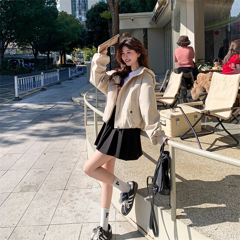灰色休闲运动连帽卫衣裙女2025春季新款学院风减龄短裙,女装短外套,2C050