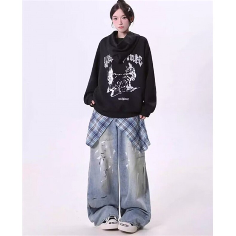 高街脏染泼墨牛仔裤男嘻哈街头hiphop直筒阔腿弯刀裤N3811,男装牛仔裤,星座1116A（原606A-3）