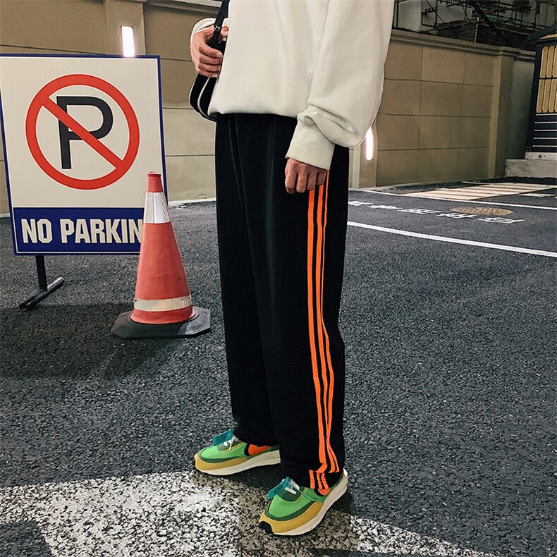 春季热卖复古三杆运动裤撞色条纹阔腿裤坠感直筒裤子男女K32TP35,男装休闲裤,电商A102B