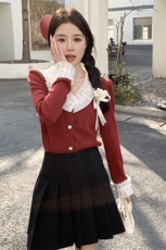 针织花边长袖上衣女春秋红色衬衫时尚修身显瘦设计感2025新款百搭，女装针织衫/毛衣，鑫慧