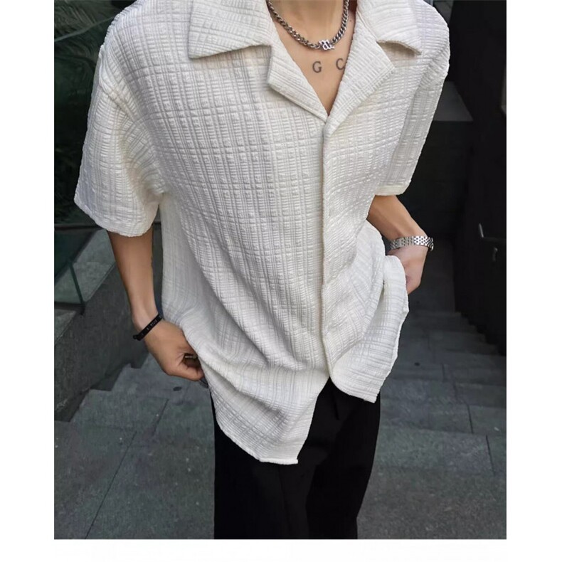 百搭肌理感提花短袖衬衫男夏季潮牌痞帅高级感休闲男装古巴领衬衣,男装衬衫,星座506A