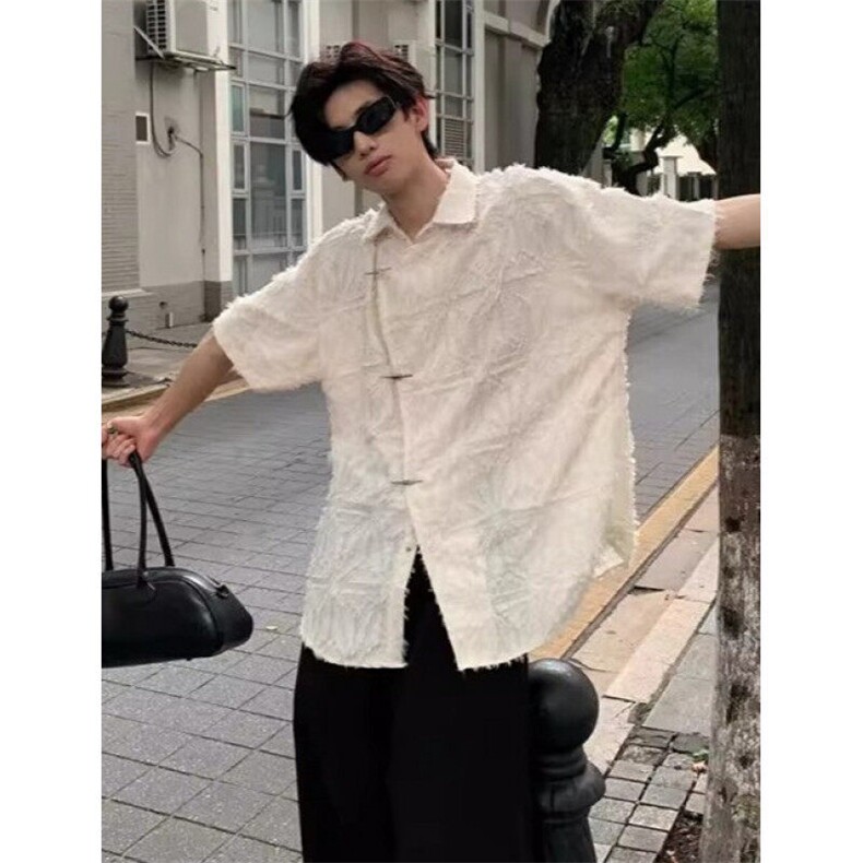 潮风新中式毛边短袖衬衫男夏季设计感复古小众上衣CX015,男装T恤,星座1116A（原606A-3）