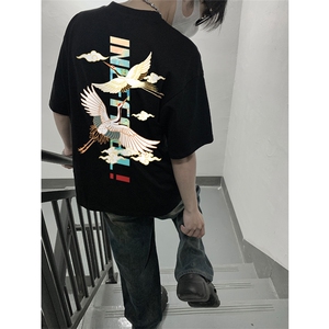 已做版权 新中式潮短袖风宽松仙鹤复古t恤男 T55-P28图片