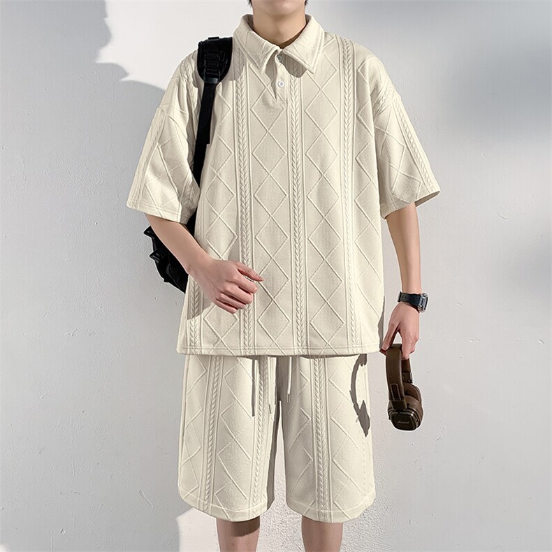 特批P45无差价夏季亨利领麦穗纹男宽松短袖短裤套装T5114+DK5184，男装休闲套装，电商A001