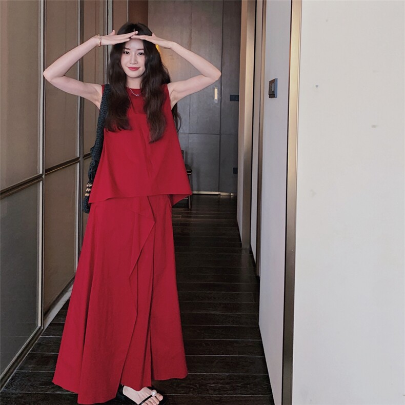 红色不规则拼接法式连衣裙2025新款女初夏假两件高级感小众背心裙,女装套装/套裙,2C137