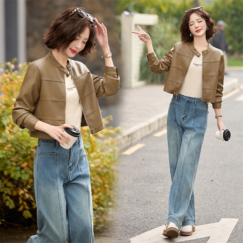 2025春秋季新款皮衣外套女短款立领时尚休闲小个子机车皮夹克上衣，女装皮衣，美拉德工厂直营店