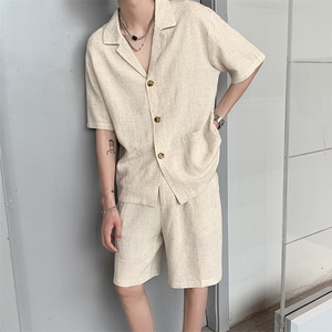 8XL-M 特大码风男装棉麻亚麻套装七分袖五分裤TZ101P110控138图片