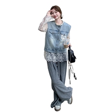2025年春季牛仔马甲蕾丝打底衫时尚两件套女，女装套装/套裙，秋水欣儿