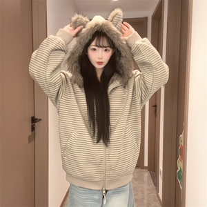 座山雕大毛领外套2025秋冬宽松开衫条纹连帽棉服外套MF420-P103图片