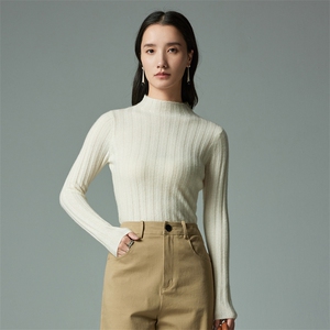 女士35%羊绒衫半高领套头毛衣秋冬新品紧身坑条内搭针织衫图片