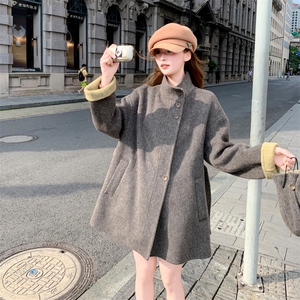 撞色中长款双面羊绒大衣女2025秋冬新款韩系复古气质宽松毛呢外套图片