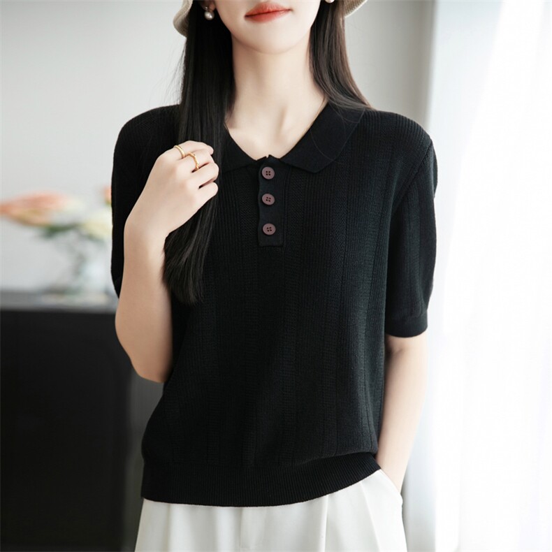 复古polo领短袖T恤女2025夏别致冰丝针织半开领打底上衣t恤衫薄,女装T恤,菲奥羊绒