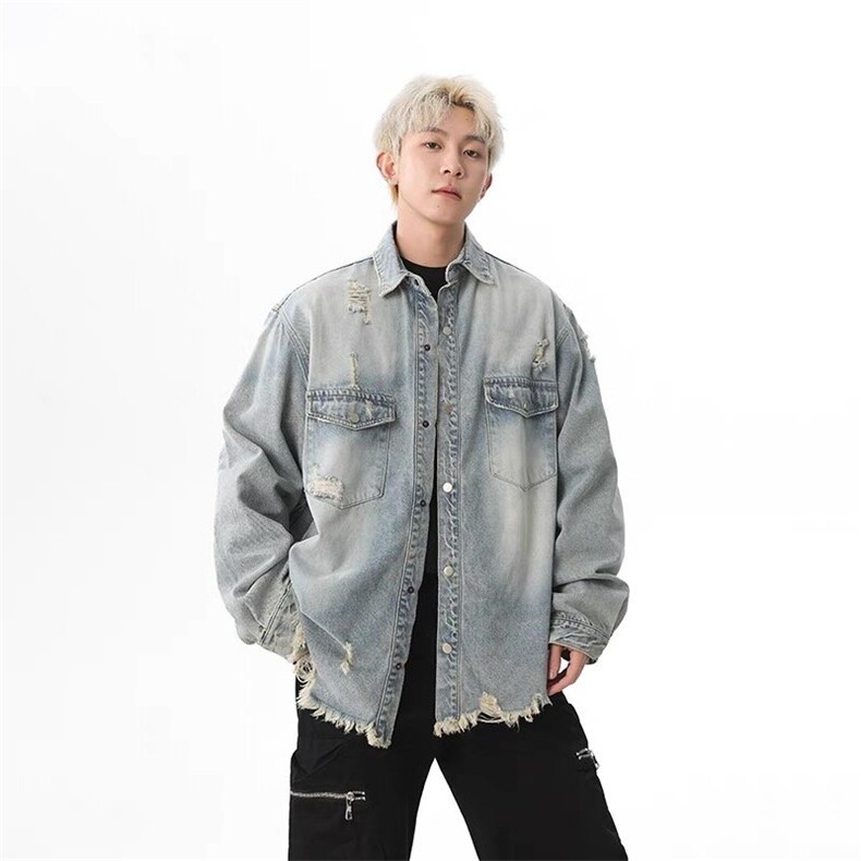 美式复古毛边牛仔夹克男女宽松时尚百潮牌搭破洞牛仔外套JA38-P75,男装工装外套,星座208-5