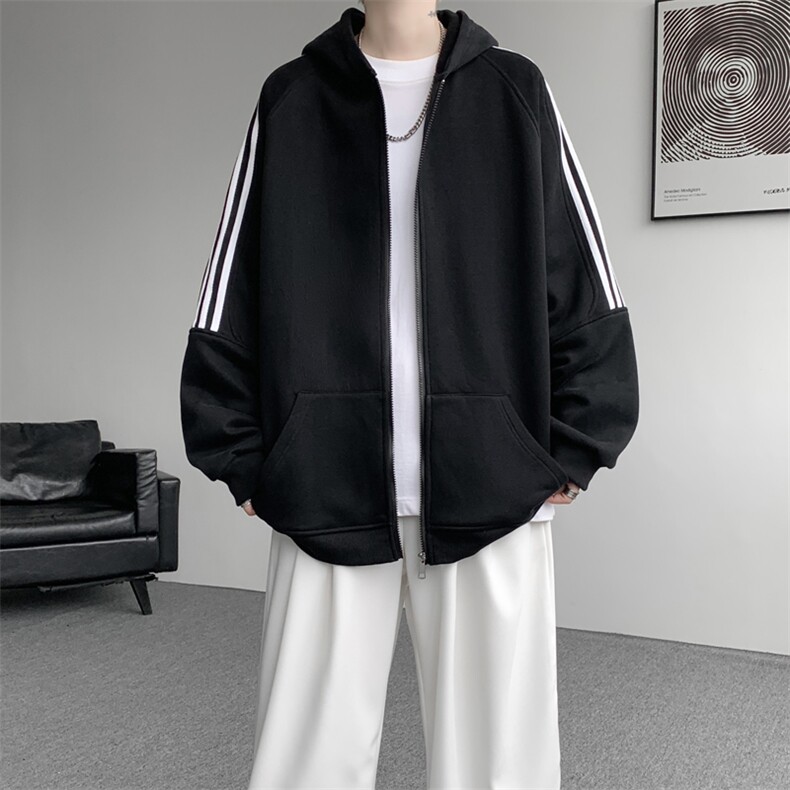 8XL-M秋冬美式运动三条杠条纹开衫卫衣连帽特大码宽松JK5206/P65,男装卫衣,电商B238
